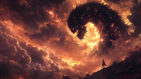 Storm-lit sky serpent meets a lone, steady dreamer.