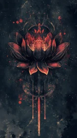 Symmetrical crimson lotus with swords on grunge textured void