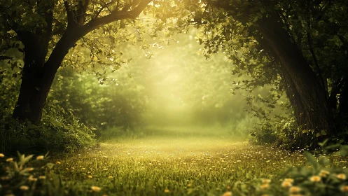 Forest clearing with overhanging tree canopy and grass ground.