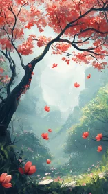 Aerial crimson canopy over mist-layered forest ravine.