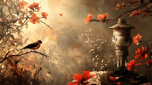 Gentle garden stillness with bird, blossoms, and warm light.