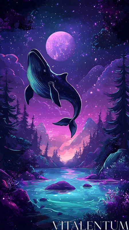 Bioluminescent whale levitating over neon river under lunar sky