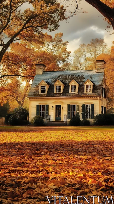Charming colonial house rests quietly amid golden autumn trees