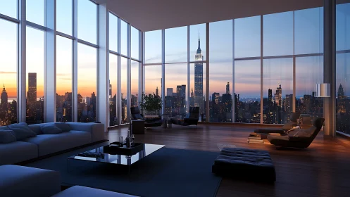 Skyline salon of glass calm overlooking twilight towers.