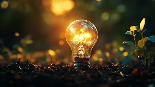 Glowing garden lightbulb symbolizing sustainable innovation.