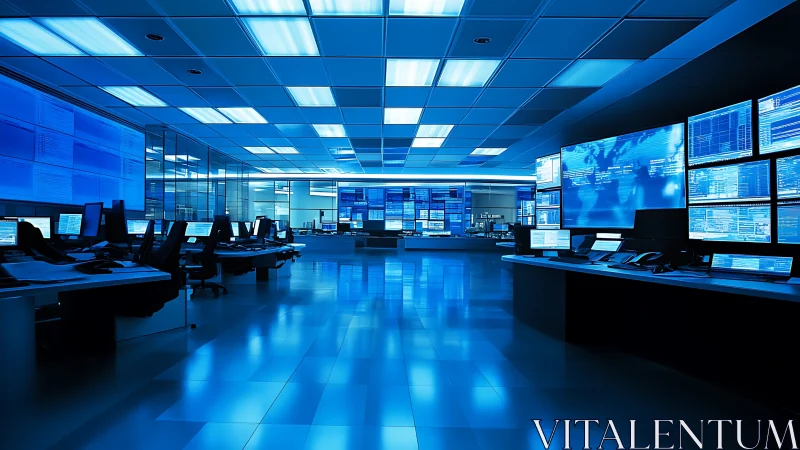 Photorealistic cyber operations command center interior design.