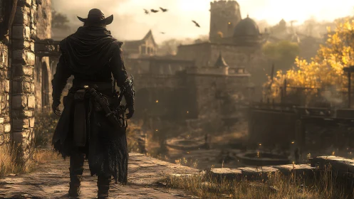Cloaked ranger surveys sunlit medieval fortress with cinematic depth
