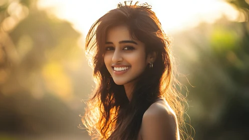 Smiling young woman in golden hour backlit portrait.
