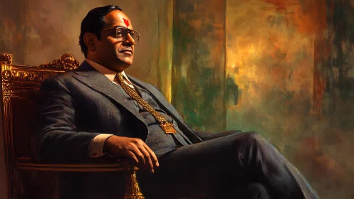 Regal businessman on gilded throne in warm chiaroscuro portrait.