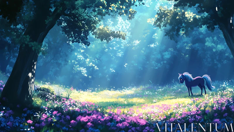 Luminescent forest glade with stylized pastel unicorn and flora