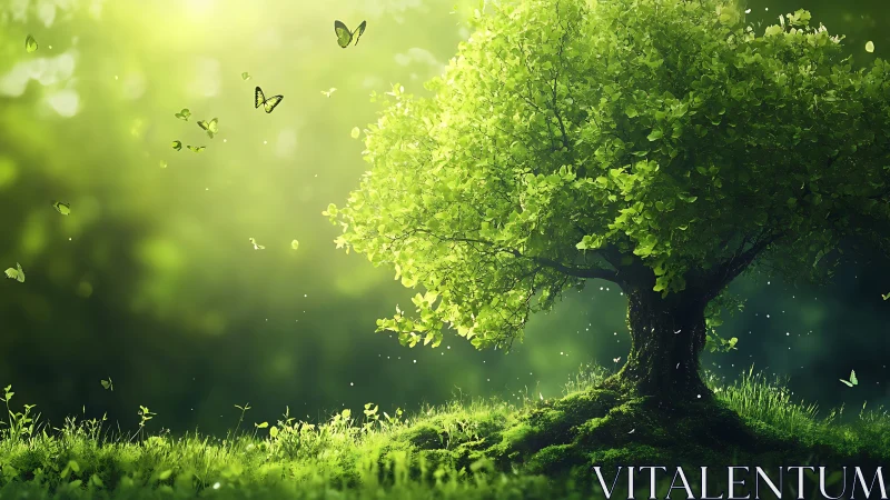 Lush Green Tree in Sunlit Forest with Butterflies, Digital Art.