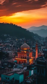 Illuminated domed shrine in dense hillside city at dusk glow