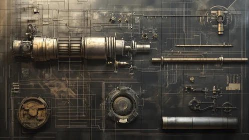Industrial cylindrical mechanism exploded across schematic grid plane