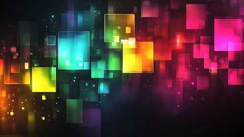 Vibrant neon squares forming glowing digital spectrum grid.