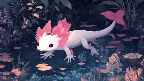Bioluminescent axolotl with ornamental gills in twilight pond.