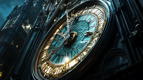 Oblique nocturnal view of neo‑gothic luminous tower clock.