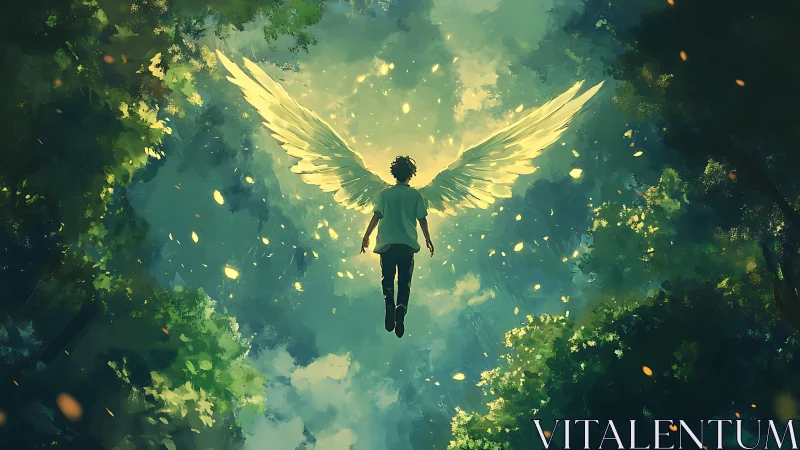 Backlit winged figure ascends through luminous forest canopy