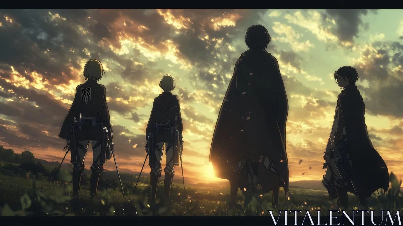 Backlit survey corps silhouettes observe a dramatic stratified sunset
