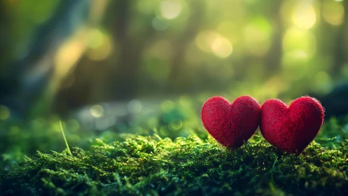 Two red heart-shaped objects positioned on moss surface