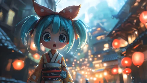 Child figure in kimono stands in lantern lit alleyway scene