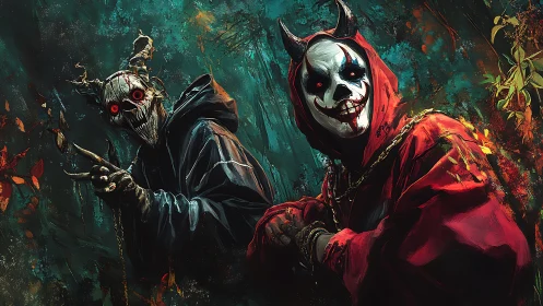Demonic masked figures lurk in a sinister enchanted forest scene.