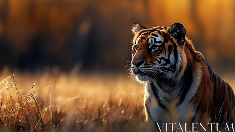 Solitary tiger in golden backlit grassland at dusk.