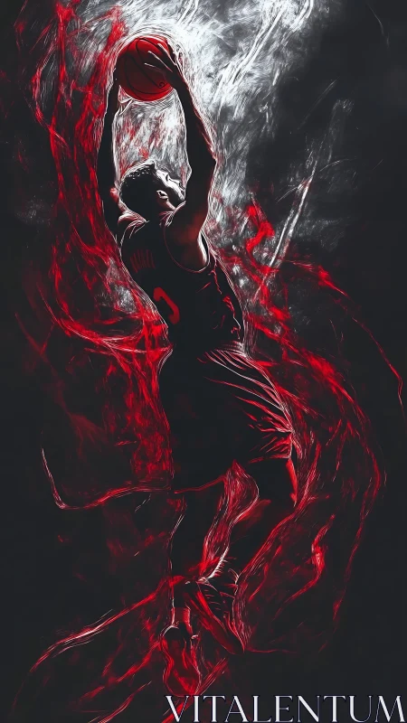 Basketball player dunking in red and white energy aura.