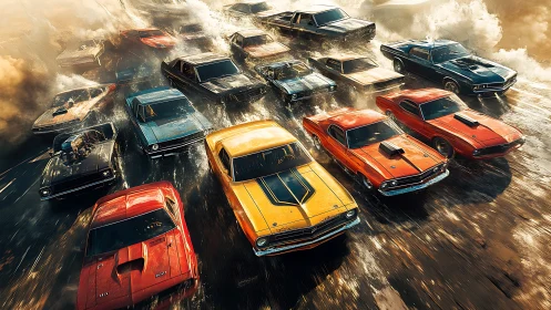 Roaring muscle cars surge forward in a golden, stormy sprint