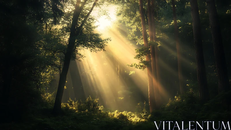 Sunbeams Filtering Through Lush Green Forest in Tranquil Morning Light.