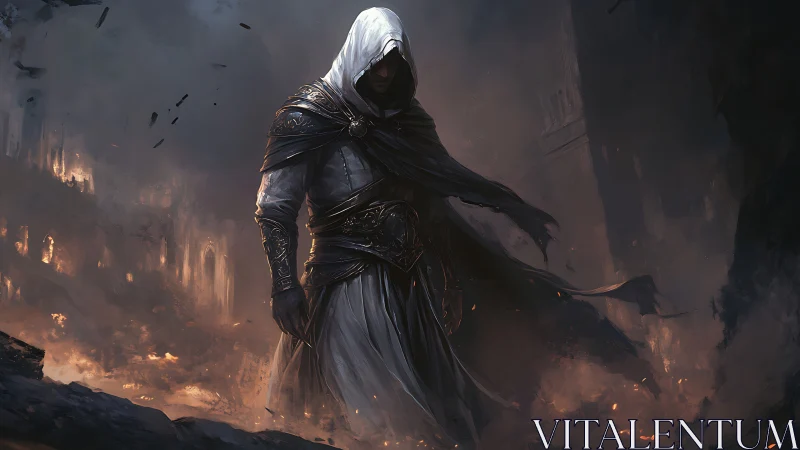 Hooded warrior strides through burning ruined cityscape.