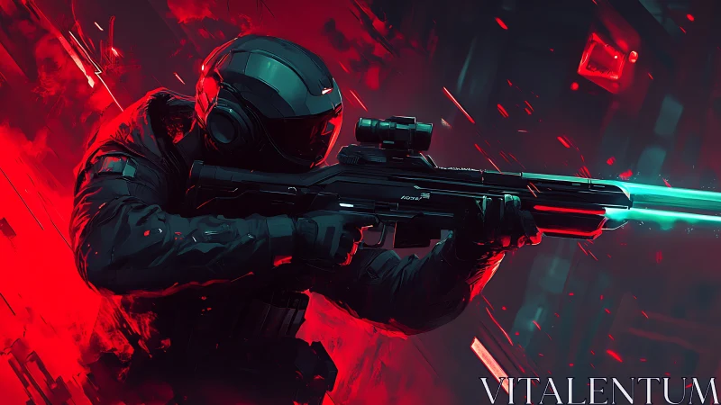 Armored sci fi soldier fires glowing rifle amid neon chaos.