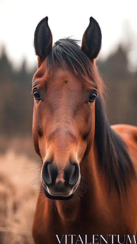 Close frontal portrait of a brown horse outdoors.