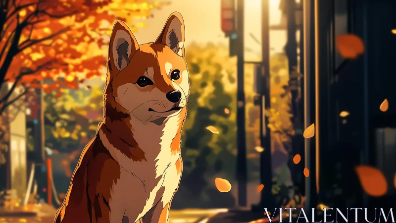 Dog sits in stylized autumn city street with falling leaves
