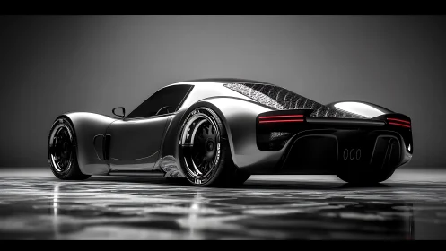 Low-angle render of silver mid-engine hypercar on wet studio floor