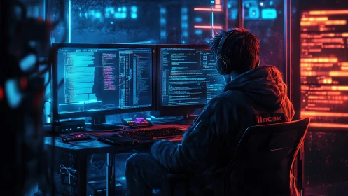 Late night coder focuses deeply in a neon lit workspace