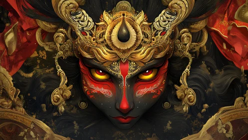Fiery eyed dark goddess with ornate golden headdress.