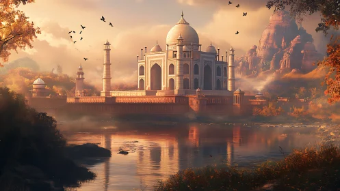 Sunlit domes drift over a dreamlike river of autumn haze