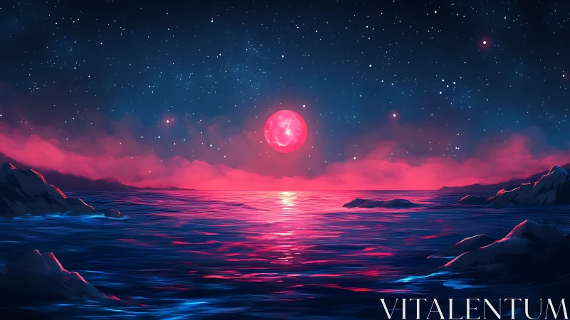 Dreamy pink moon drifts above a glowing neon ocean night