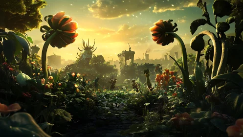 Sunlit Ruined City Garden Where Giant Flowers Whisper Back.