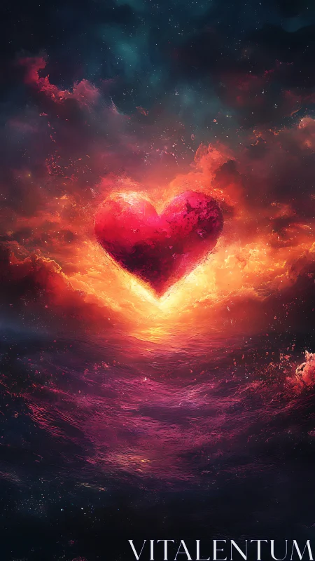 Luminous heart shape radiates through cosmic fire and dark starfield.