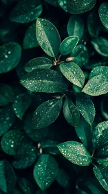 Close view of dark green leaves with surface raindrops.