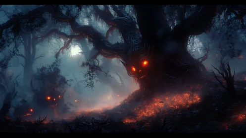 Eerie forest spirits glow with fiery eyes in the misty night
