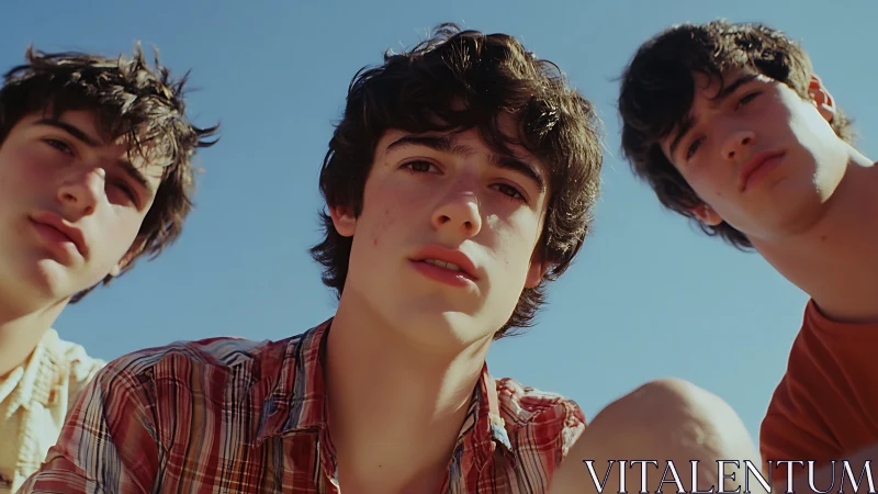 Three young males viewed from low angle under clear sky.