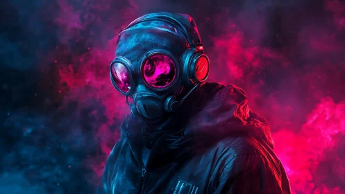 Cyberpunk wanderer wears neon respirator in toxic haze.