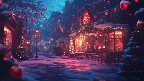 Snowy evening street with illuminated holiday storefronts.