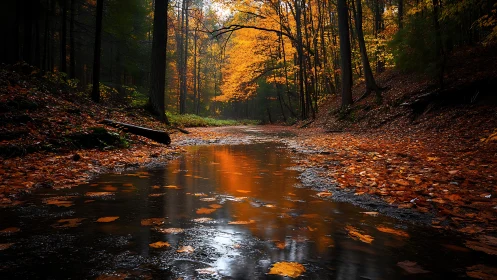 Autumn Stream Through Golden Forest Canopy