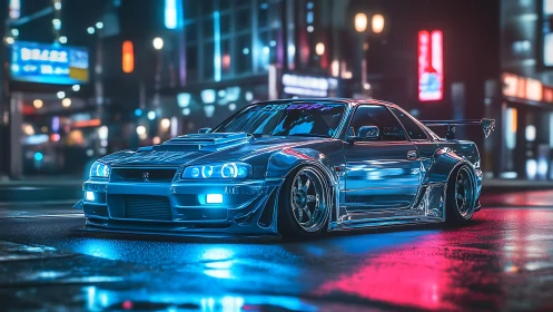 Modified chrome sports car parked on neon city street at night