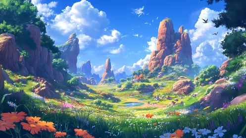 Sunlit spires rise over a wildflower valley dreaming loud