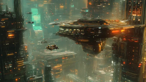 Futuristic cityscape shows floating spaceport above dense towers