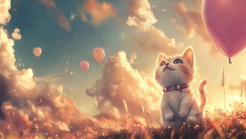 Whiskered dreamer floats through golden cloud kingdom.